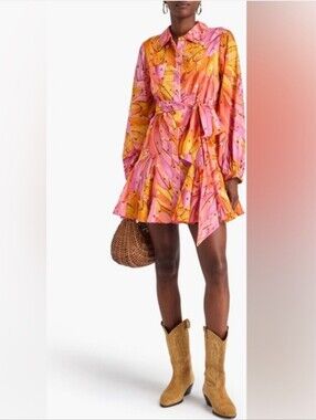 FARM Rio Printed Cotton Mini Shirt Dress Ombré Bananas Print Women's L Boho Chic